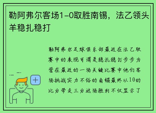 勒阿弗尔客场1-0取胜南锡，法乙领头羊稳扎稳打