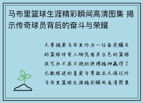 马布里篮球生涯精彩瞬间高清图集 揭示传奇球员背后的奋斗与荣耀